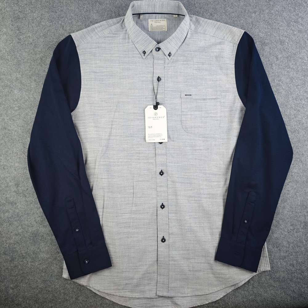 7 Diamonds Shirt Mens Large Gray Colorblock Navy Sleeves Button Down NWT